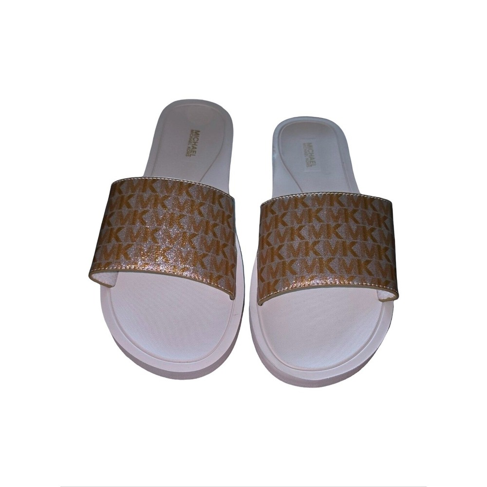 Michael Kors Womens MK Logo Metallic Slide Sandals Cream Gold Size 10M TH26C